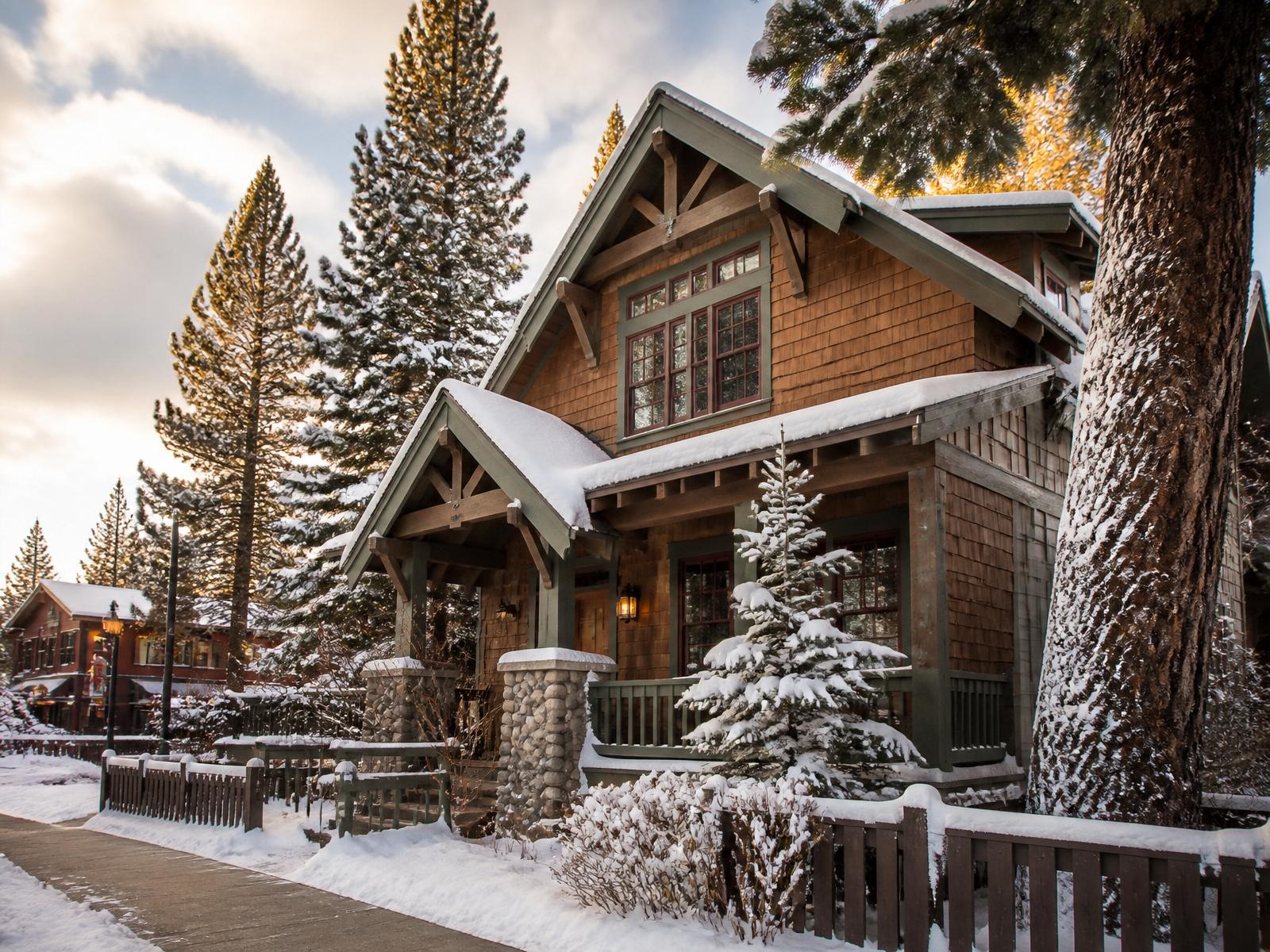 Family home in downtown Truckee with snowy pines