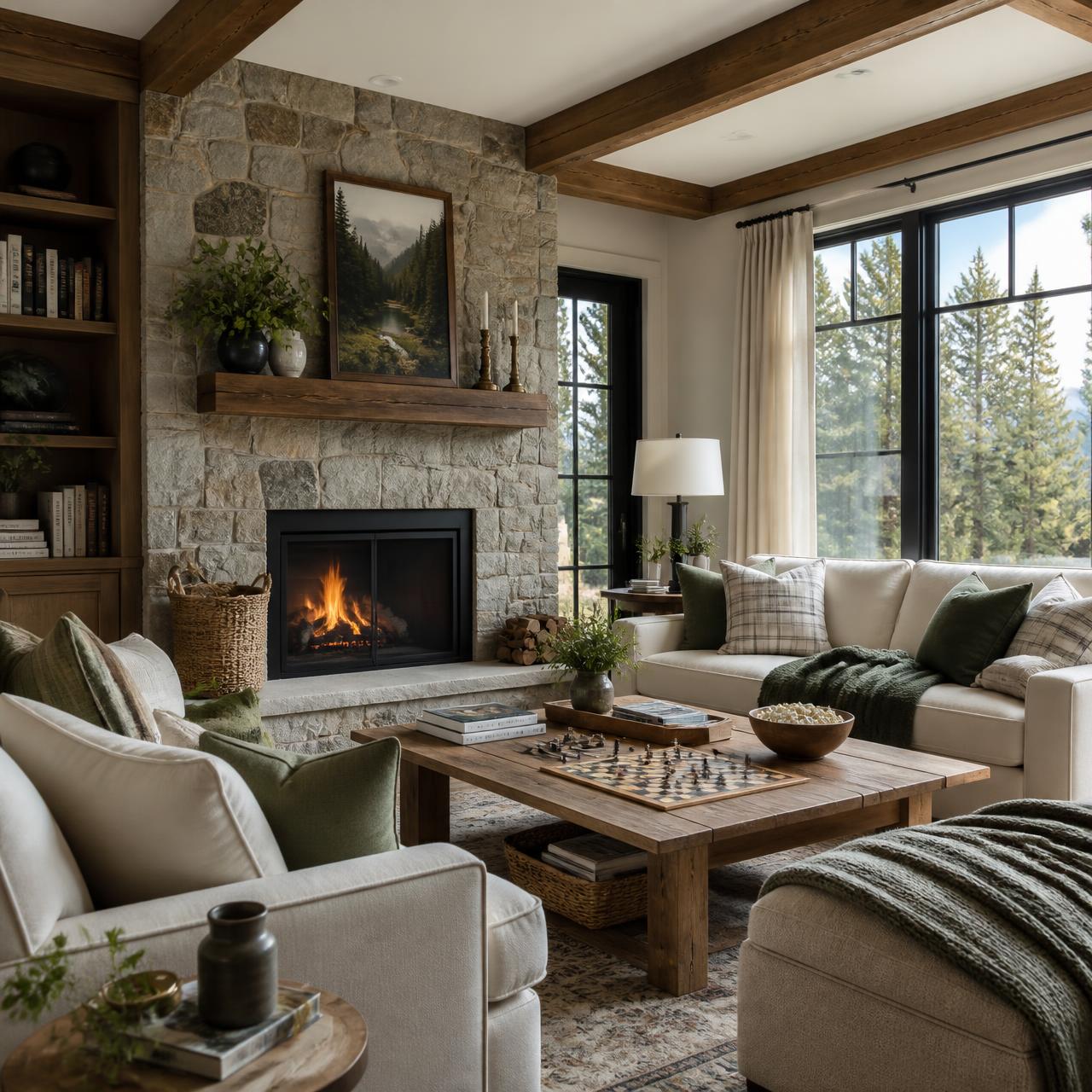 Warm family living room with stone fireplace